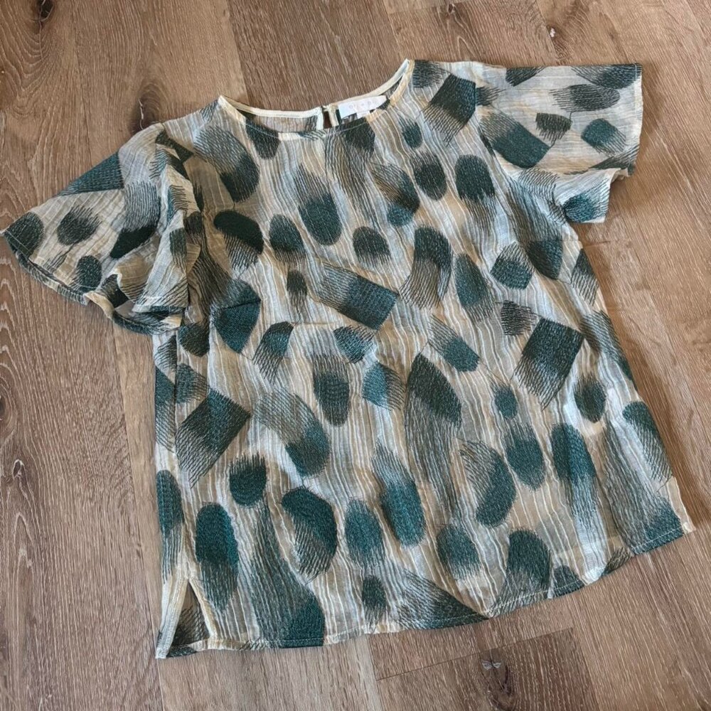 Eri + Ali Anthropologie Green Embroidered abstract Paint‎ Stroke Blouse XS